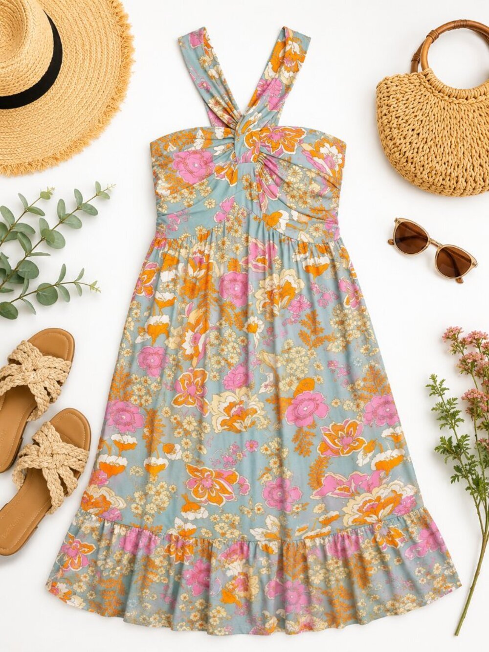 Grace Karin Floral Halter Midi Dress Blue Pink Orange Retro Boho Size L